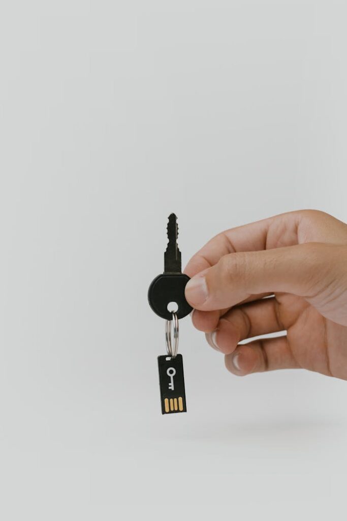 pexels-photo-5474298 Close-up of a hand holding a key and USB with copyspace.
